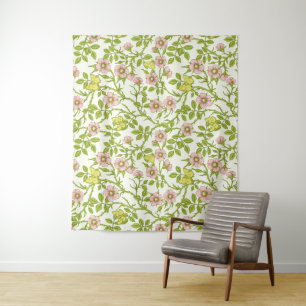 Tenture Roses sauvages et papillons /rose/vert pâle/jaune