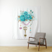 Tenture Roses Turquoise avec Clés (En situation)