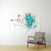 Tenture Roses Turquoise avec Clés (En situation (horizontale))