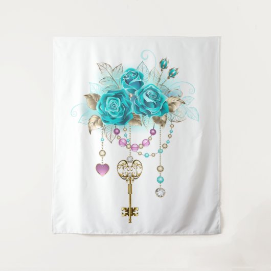 Tenture Roses Turquoise avec Clés (Devant)