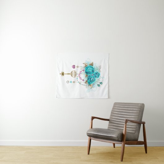 Tenture Roses turquoise avec touches (En situation (horizontale))