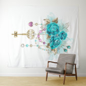 Tenture Roses turquoise avec touches (En situation (horizontale))