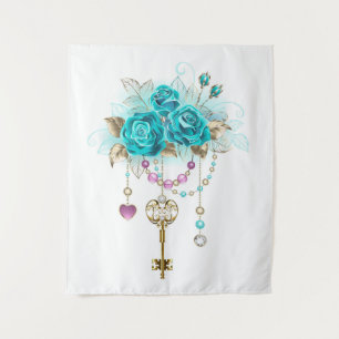 Tenture Roses turquoise avec touches