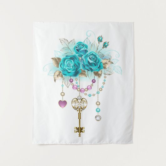 Tenture Roses turquoise avec touches (Devant)
