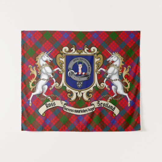 Tenture Ross Clan Badge & Unicorns avec Tartan (Devant (Horizontal))