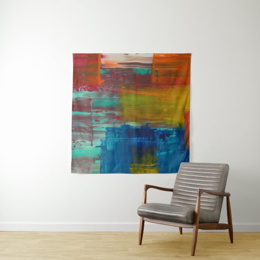 TENTURE ROUGE JAUNE BLEU ET BLANC PEINTURE ABSTRAITE (En situation (horizontale))