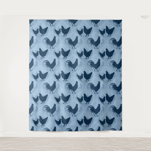 Tenture Rustic Farmhouse Hen Pattern – In Blue  (Devant)