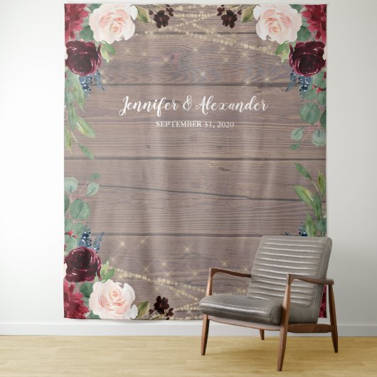 Tenture Rustic Marsala Wood Mariage Photo Booth Backdrop (En situation)