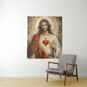 Tenture Sacre-Cœur Jésus Cadre Doré Peinture Impasto