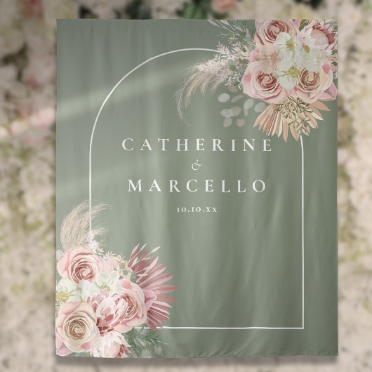 Tenture Sage Green Boho Pampas Grass Floral Mariage