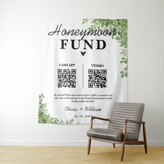 Tenture Sage Green Feuilles Honmoon Fund Mariage QR (En situation)