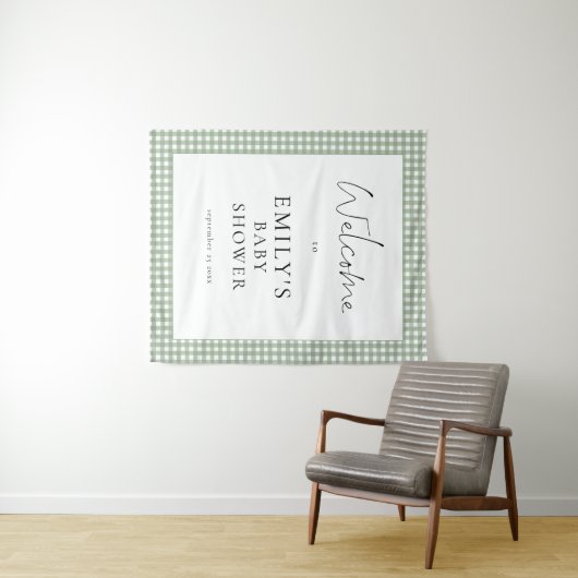 Tenture Sage Green Gingham Script Welcome Baby Shower  (En situation (horizontale))