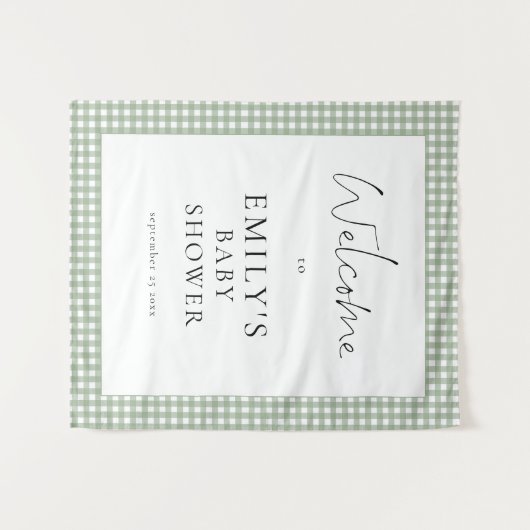 Tenture Sage Green Gingham Script Welcome Baby Shower  (Devant (Horizontal))