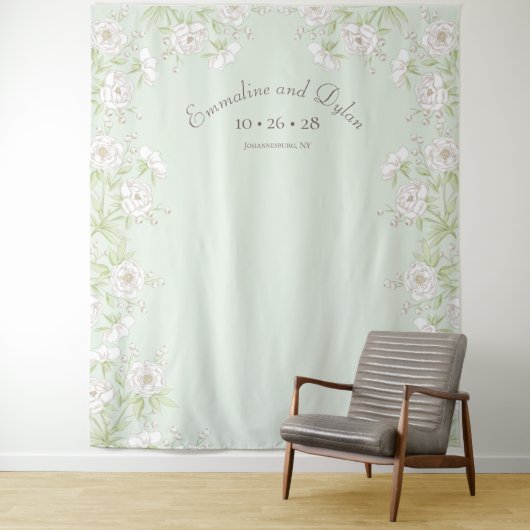 Tenture Sage Green White Rose Wedding Photo Backdrop (En situation)