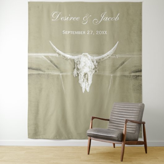 Tenture Sage rustique Vert Blanc Vache Occidentale Crâne A (En situation)