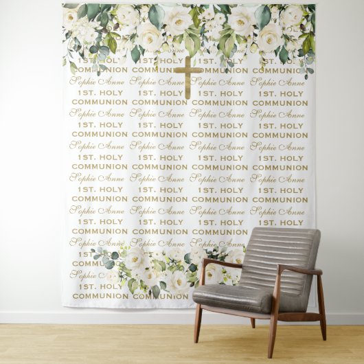 Tenture Sainte Communion White Floral Step & Repeat Backdr (En situation)
