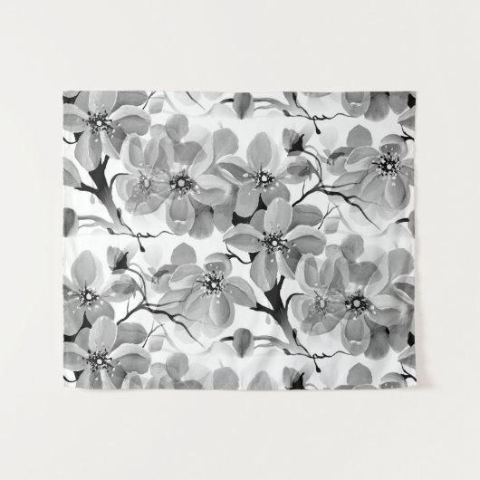 Tenture Sakura Cerisier japonais Noir et blanc (Devant (Horizontal))