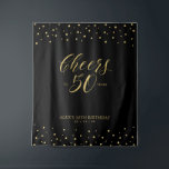 Tenture Salutations à 50 ans | Gold & Black 50th Birthday<br><div class="desc">Cette tapisserie moderne est parfaite pour une fête d'anniversaire chic aux couleurs noir et or. Votre invité appréciera de prendre une photo avec ce décor sophistiqué de fête et de se souvenir de votre journée spéciale. Le design comprend une typographie dorée "Cheers to 50 years" et un arrière - plan...</div>