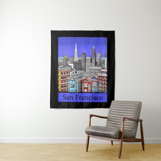 Tenture San Francisco Skyline Colour Line Art (En situation)