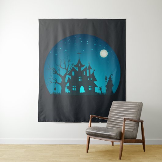 Tenture Scary and Fun Blue and Black Haunted House (En situation)