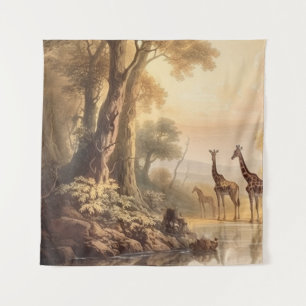 Tenture Scène botanique vintage de girafes au bord du fleu