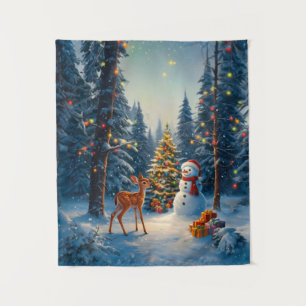 Tenture Scène d'arbre de Noël Cerf Faon Bonhomme de neige