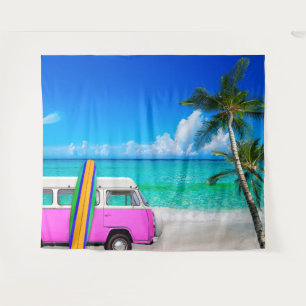 Tenture Scène de plage avec van rose fuchsia et planche de