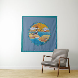 Tenture Scène de plage de phare fantaisiste, art folkloriq