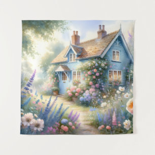 Tenture Scène florale de maison bleue de jardin de campagn