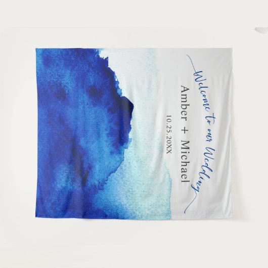 Tenture Script moderne Aquarelle Indigo Mariage bleu (Devant (Horizontal))