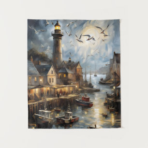 Tenture Serene Coastal Village à Dusk Nautical Harbour Art