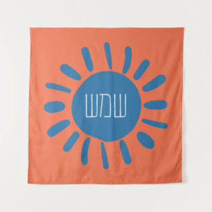 Tenture Shemesh - Soleil bleu sur Orange en hébreu 