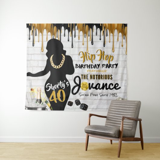 Tenture Shorty's 40| 90's Hip hop Birthday Drip Backdrop (En situation (horizontale))