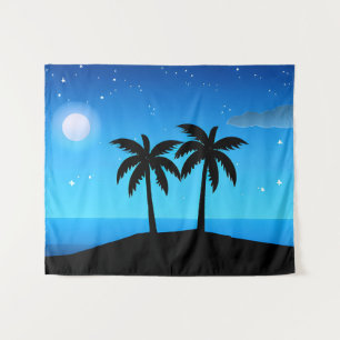 Tenture Silhouette de l'île tropicale avec lune et étoiles