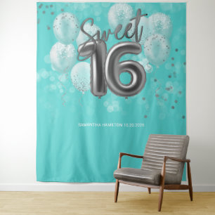 Tenture Silver Foil Sweet 16 Ballons Anniversaires Turquoi