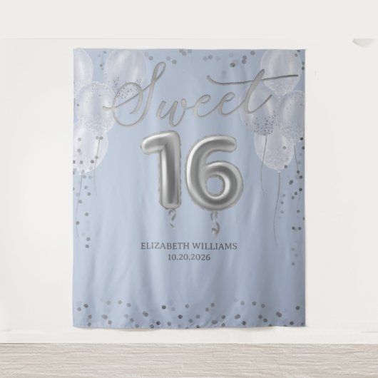 Tenture Silver Foil Sweet 16 Ballons Bleu fond (Devant)