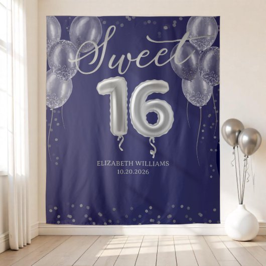 Tenture Silver Foil Sweet 16 Ballons Royal Blue fond