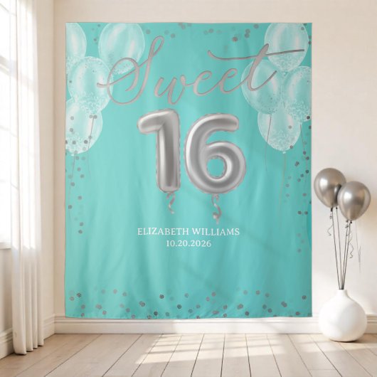 Tenture Silver Foil Sweet 16 Ballons Royal Turquoise fond