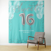Tenture Silver Foil Sweet 16 Ballons Royal Turquoise fond (En situation)