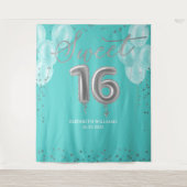 Tenture Silver Foil Sweet 16 Ballons Royal Turquoise fond (Devant)