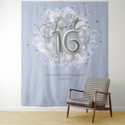 Tenture Silver Sweet 16 Ballons Anniversaires Dusty Blue f (En situation)