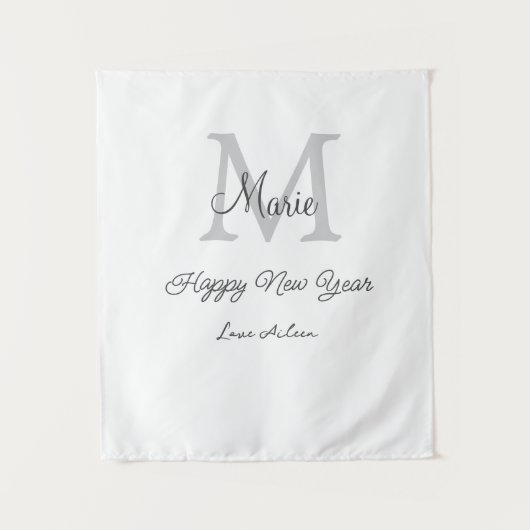 Tenture simple minimal happy new year monogram gray name (Devant)