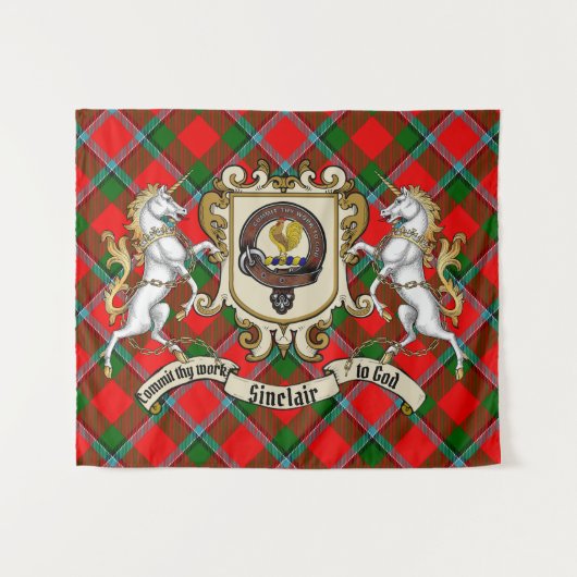 Tenture Sinclair Clan Badge & Unicorns avec Tartan (Devant (Horizontal))
