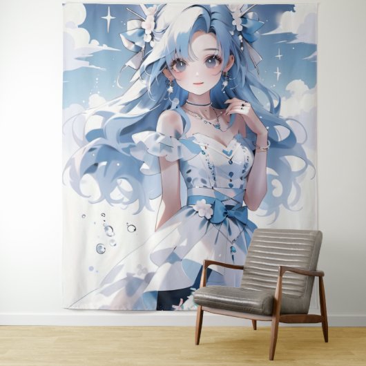 Tenture Sirène avec cheveux bleus dans une robe bleue (En situation)