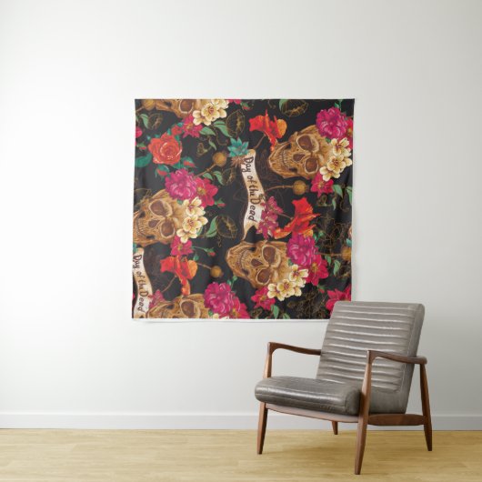 Tenture Skull and Flowers Day of The Dead Seamless Backgro (En situation (horizontale))