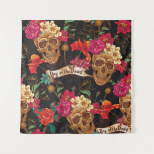 Tenture Skull and Flowers Day of The Dead Seamless Backgro