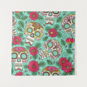 Tenture Skull and Flowers. Seamless Background. Mexican da