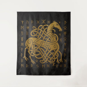 Tenture Sleipnir Norse Rune Circle - Golden Viking Horse D