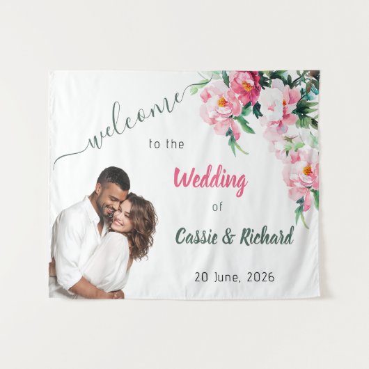 Tenture Soft Pink Peony & Eucalyptus Floral Wedding Banner (Devant (Horizontal))