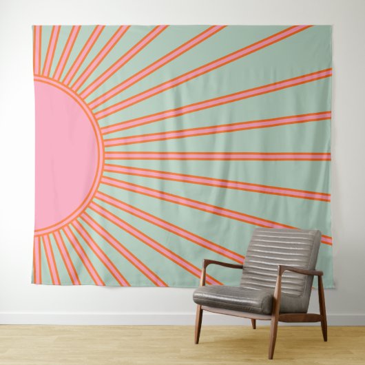 Tenture Soleil Lever Vert Et Rose Abstrait Retro Soleil (En situation (horizontale))